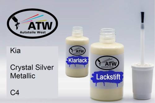 Kia, Crystal Silver Metallic, C4: 20ml Lackstift + 20ml Klarlack - Set, von ATW Autoteile West.